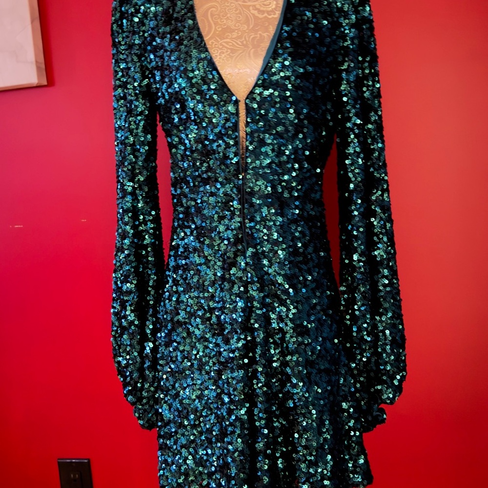 Elegant Long Sleeve Sequin Dress in Green